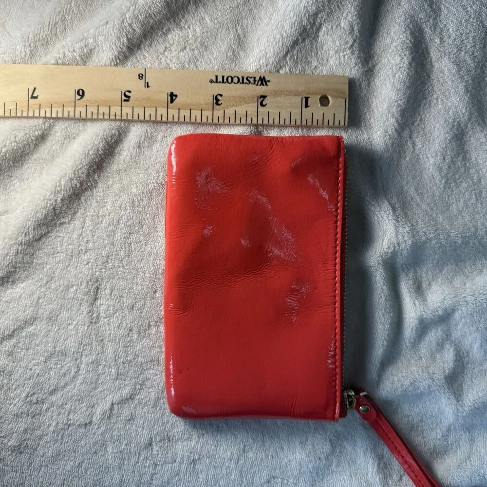 Kate Spade New York Coral Red Pink Patent Logo Zip Wristlet Pouch with Gold